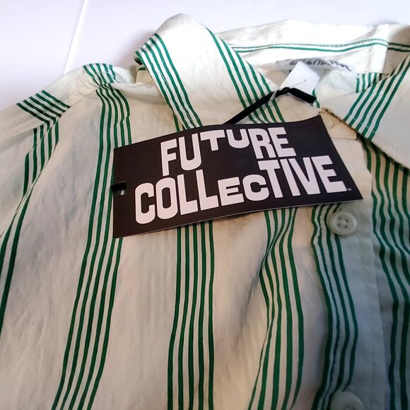 Future Collective Green & White Striped Button-Up  front closure Cropped Shirt L - Picture 5 of 11